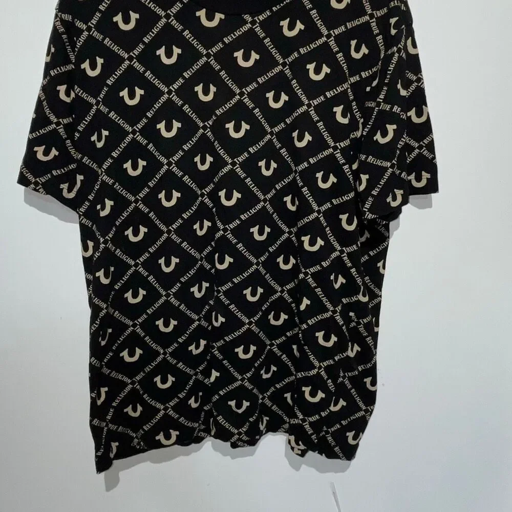 True Religion Mens Black Cream Monogram Crew Neck Cotton Short Sleeve T-Shirt XL